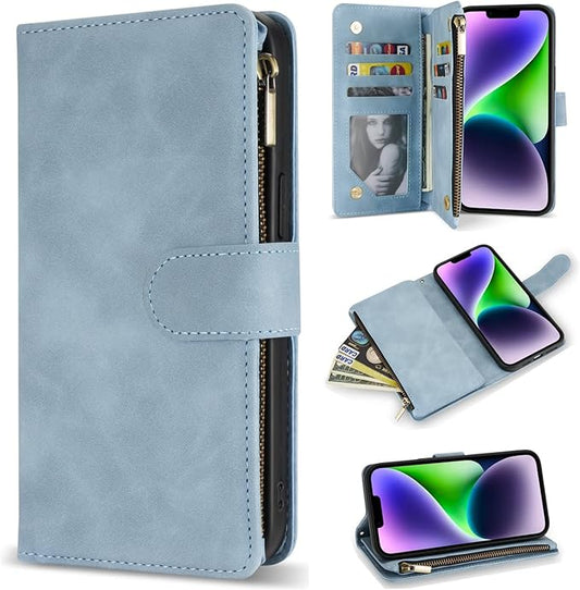 ZZXX for iPhone 14 Plus Case Wallet with [RFID Blocking] Card Slot Premium PU Leather Zipper Flip Folio with Wrist Strap Kickstand Protective Cover for iPhone 14 Plus Wallet Case(Light Blue-6.7 inch)
