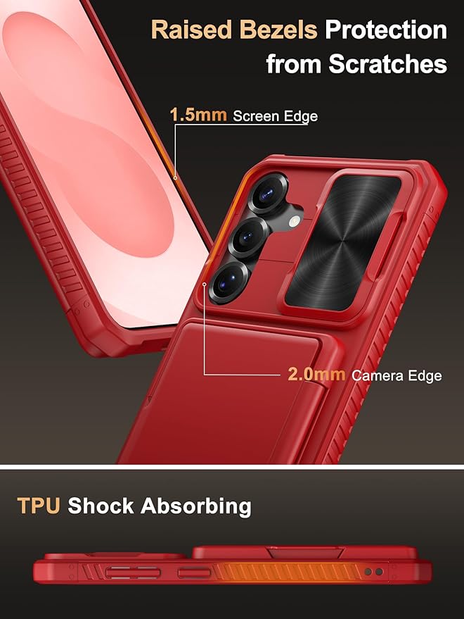 Vihibii for Samsung Galaxy S25+ Plus Wallet Case with Card Holder (4 Cards), [RFID Blocking] & Slide Camera Cover & Raised Edges Protect Screen, Shockproof Case for Galaxy S25+ Plus 6.7" 2025, Red