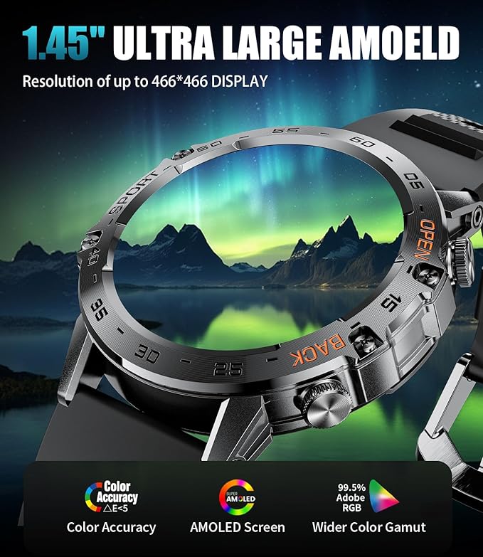 SUNKTA Smart Watch for Men(Answer/Dial Calls),1.43'' AMOLED/100 Sports Modes, 5ATM Waterproof Fitness Watch with Heart Rate/SpO2/pedometer for Android and iOS,Round Smartwatch Black