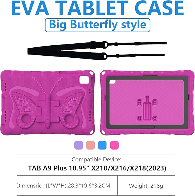for Samsung Galaxy Tab A9 Plus 10.95" (2023) Case,with Butterfly Wings Kickstand,Detachable Shoulder Strap,EVA Material Light Weight Shockproof Kids Girl Tablet Case for Samsung A9+ (Rose red)