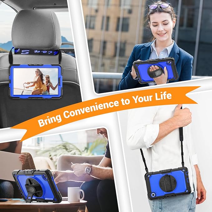 SEYMAC for Samsung Galaxy Tab A9 Case 8.7 Inch 2023 (SM-X110/X115/X117), Heavy Duty Shockproof Protective Case with Screen Protector, Rotating Stand, Hand/Shoulder Strap and Pen Holder, Blue