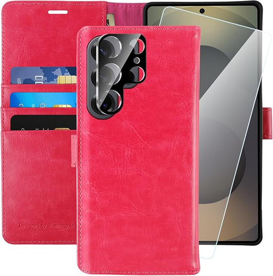MONASAY Wallet Case Fit for Samsung Galaxy S25 Ultra 6.9 inch, [Lens & Glass Screen Protector Included] [RFID Blocking] Flip Folio Leather Cell Phone Cover with Credit Card Holder, Hot-Pink