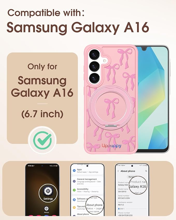 for Samsung Galaxy A16 4G/5G Case with 360° Rotatable Magnetic Ring - Semi-Transparent Anti-Fingerprint Soft-Touch Material Shockproof, Cute Pink Ribbon Bow Design for Women Girl
