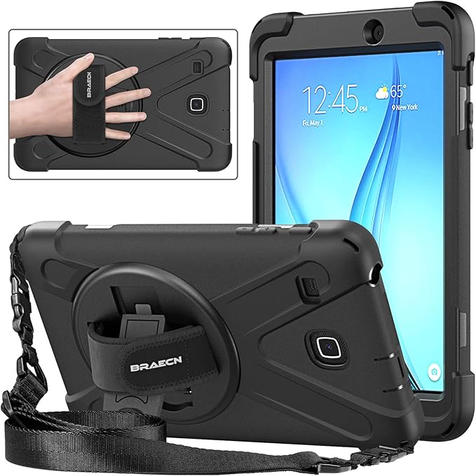 BRAECNstock Samsung Galaxy Tab E 8.0 Case (SM-T375/T377/T378),Shockproof Durable Protective Cover with 360° Kickstand&Hand Strap,Shoulder Strap,Kids Tablet Case for Galaxy SM-T377A/T377V/T378V,Black