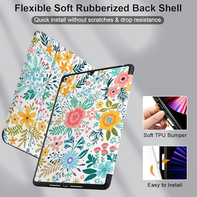 DONGKE Case Compatible with iPad 10.2 Inch 2021 2020 2019 iPad 9th/8th/7th Generation with Pencil Holder, Slim Stand Protective Case with Soft TPU Back, Auto Sleep/Wake Cover, Colorful Floral