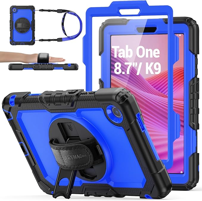 SEYMAC stock Tablet Case for Lenovo Tab One (TB305FU) 8.7 inch Drop-Proof Protection Cover with 360° Rotate Stand & Strap [Pen Holder] & Screen Protector/K9 2025, Blue+Black