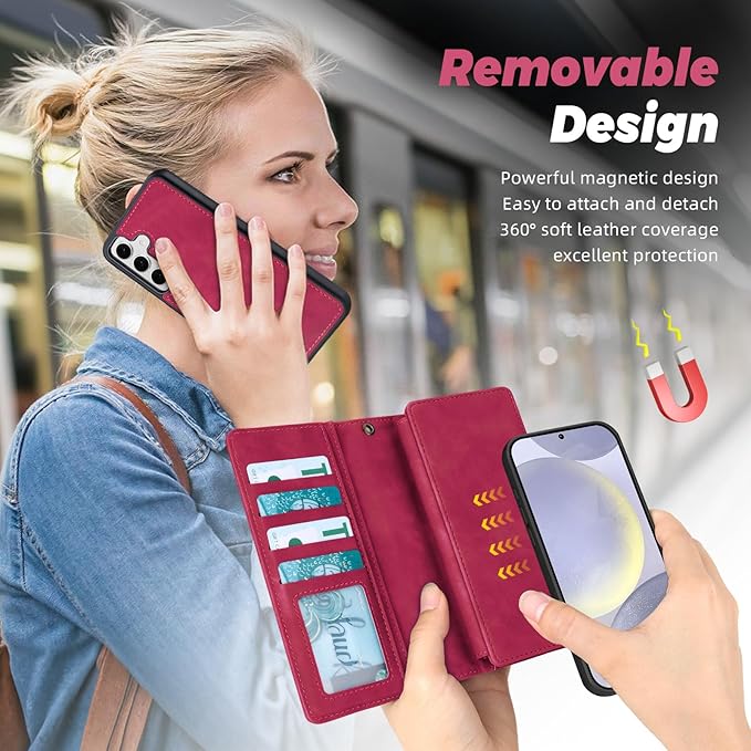 TwoHead for Samsung Galaxy S24 Plus Wallet Case with Card Holder,Detachable Magnetic Phone Case for Galaxy S24 Plus,PU Leather All-Round Protective Phone Cover Wallet with Strap(6.6 in,Wine Red)