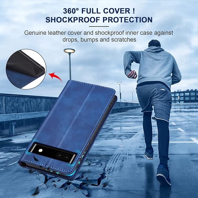 Jasonyu Flip Wallet Case for Google Pixel 6A 5G,Leather Magnetic Folio Cover with Card Holder,Kickstand - TPU Shockproof Durable Protective Phone Case,Blue