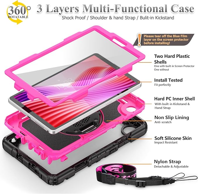 SEYMAC stock Tablet Case for Lenovo Tab One (TB305FU) 8.7 inch Drop-Proof Protection Cover with 360° Rotate Stand & Strap [Pen Holder] & Screen Protector/K9 2025, Rose+Black