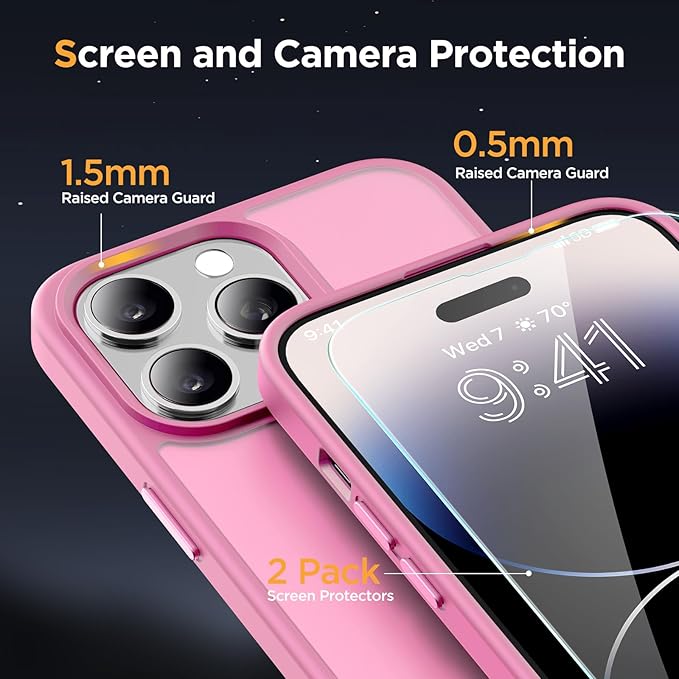 Miracase Magnetic for iPhone 14 Pro Case 6.1 inch (Compatible with MagSafe)（with 2X Screen Protectors） Military-Grade Protection, Anti-Fingerprint Translucent Matte Phone Case Cover, Mes Pink