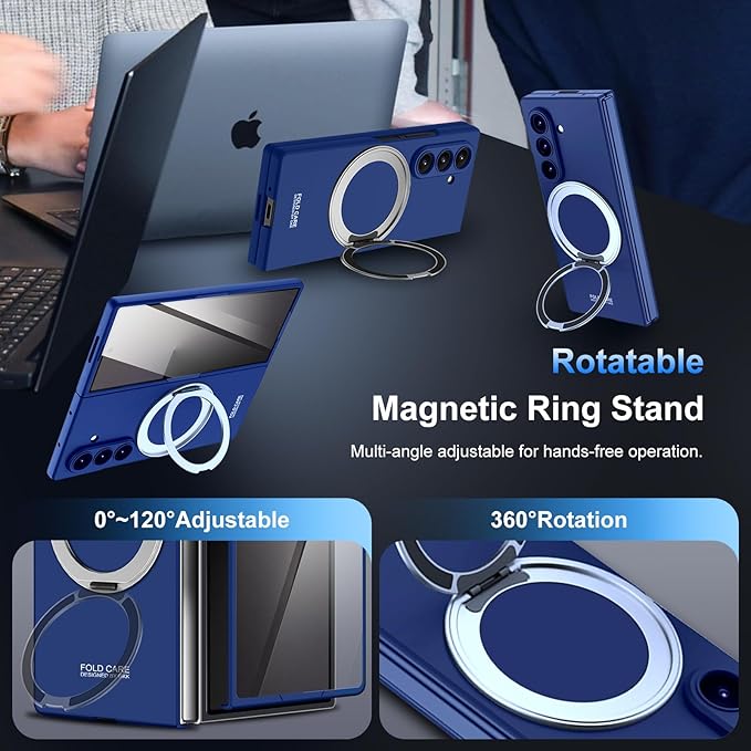 360 Spin Magnetic Stand for Samsung Galaxy Z Fold 7 Case, with Screen Protector [Compatible with MagSafe] Slim PC Hard Ring Holder Kickstand Protection Cover for Samsung Z Fold 7 Phone Case (Blue)