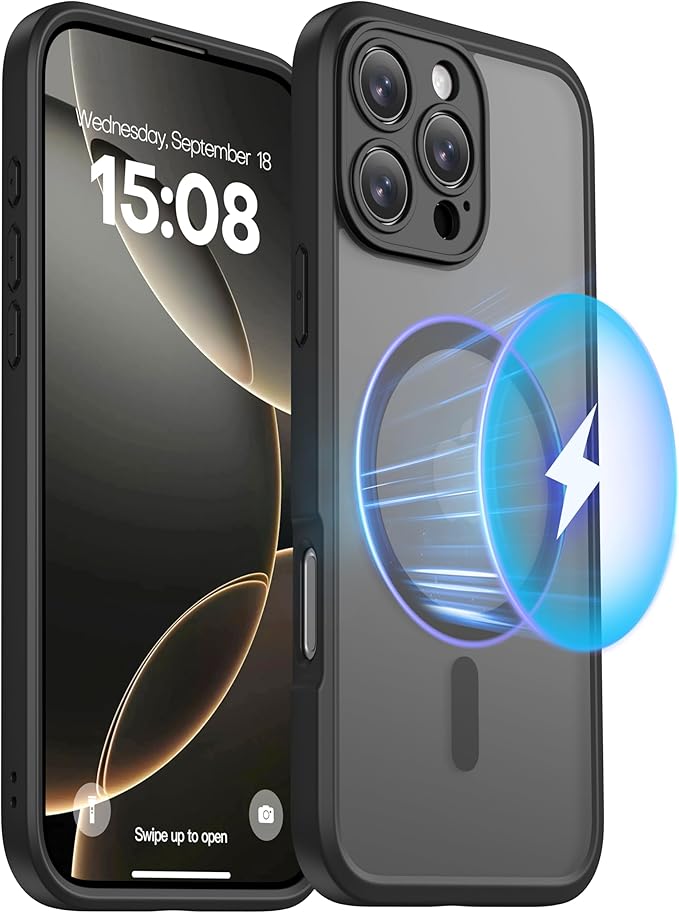 ImpactStrong Magnetic Guard Designed for iPhone 16 Pro Max Case [Camera Protection] [Military Grade Drop Tested] [Compatible with MagSafe] Slim Translucent Matte Phone Case (6.7") - Black