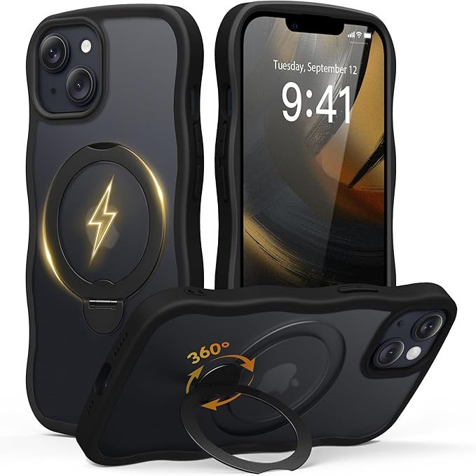 for iPhone 13 Case & iPhone 14 Case for Women,[Compatible with Magsafe][360° Spin Magnetic Stand][Cute Wave Edge][Military-Grade Protection]Translucent Matte Phone case for iPhone 13/14, Black