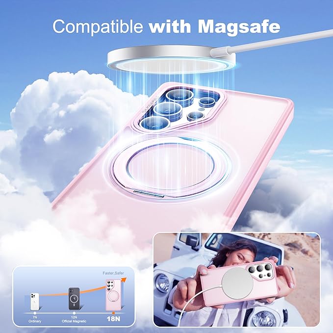 for Samsung Galaxy S25 Ultra Case with 360°Rotatable Magnetic Ring Stand Compatible with Mag-Safe Military Protection Shockproof Matte Translucent Phone Cases for S25 Ultra 6.9",Pink