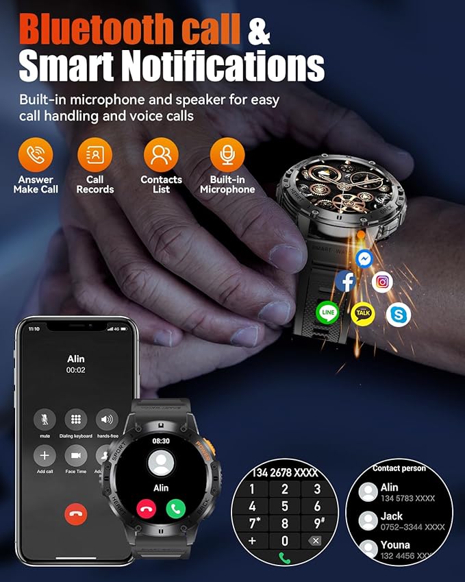 Military Smart Watches for Men with Bluetooth Call, 1.43" AMOLED Waterproof Smartwatch with Flashlight, 111 Sport Modes, 530mAh Heart Rate/SpO2/Sleep Monitor Fitness Tracker for Android iOS