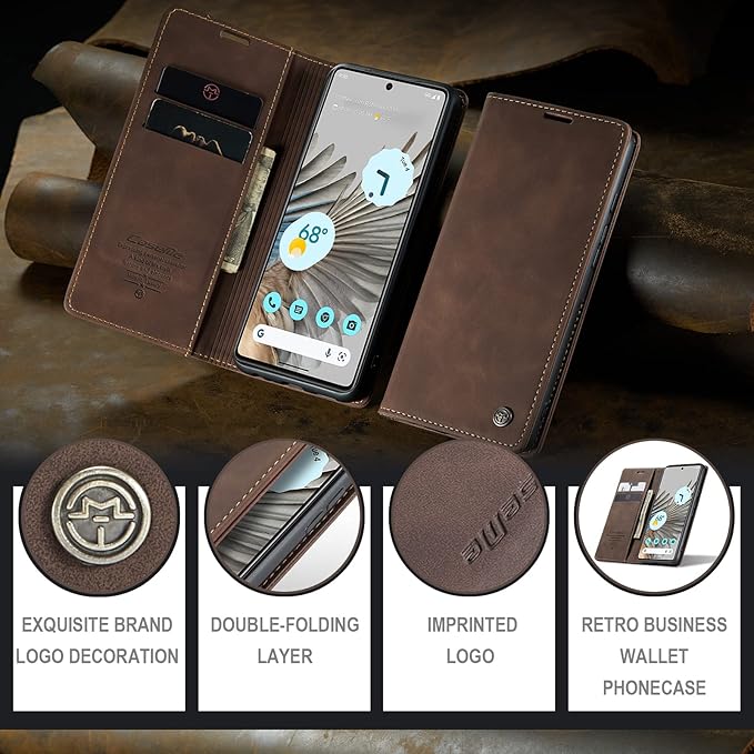 for Google Pixel 7 Pro Case, Flip Wallet Leather Case with Card Holder Magnetic Closure Shockproof Kickstand Protective Phone Cases Cover for Google Pixel 7 Pro,Coffee
