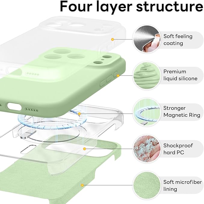 Vooii Magnetic Compatible with iPhone 17 Pro Case (Compatible with Magsafe) (Upgraded Camera Protection) Liquid Silicone Shockproof Full Body Protective Phone Cover for Women Men, Matcha, 6.3”