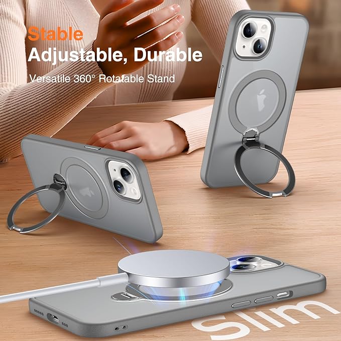 360° O-Ring MagStander for iPhone 15 Case with Magnetic Kickstand Ring Holder [Compatible with MagSafe][360°Rotate Stand Ring][Military Shockproof] Magnet iPhone 15 Phone Cover Matte Grey