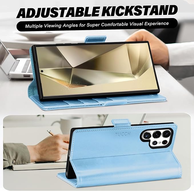 TUCCH Case Wallet for Galaxy S25 Ultra 5G, Magnetic PU Leather Kickstand [RFID Blocking] Card Slot Flip Cover with [TPU Shockproof Interior Case] Compatible with Galaxy S25 Ultra, Pearly Light Blue