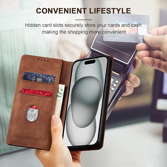Jasonyu Flip Wallet Case for iPhone 15 Plus,Leather Magnetic Folio Cover with Card Holder,Kickstand - TPU Shockproof Durable Protective Phone Case,Brown