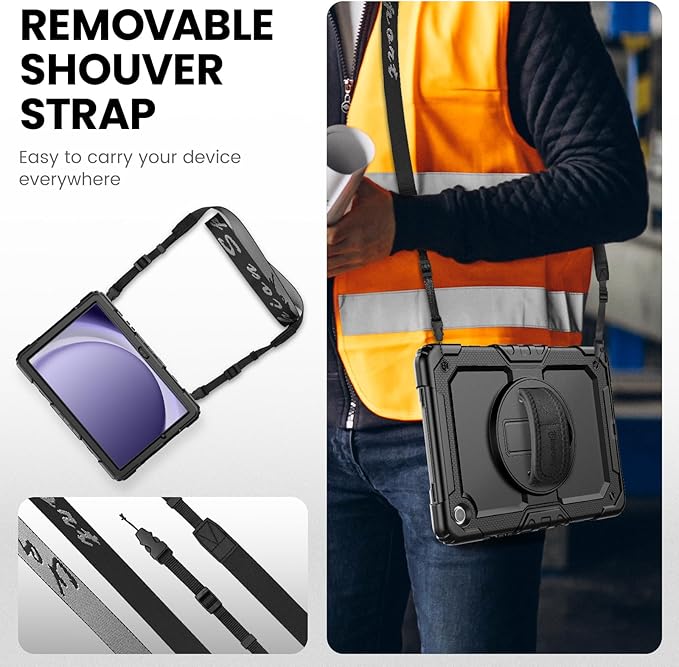 Timecity for Samsung Galaxy Tab A9+/ A9 Plus Case 11 inch, Full-Body Protective with Screen Protector, Rotating Stand/Handle and Shoulder Strap for Galaxy A9+ Tablet Case (SM-X210/X216/X218)- Black