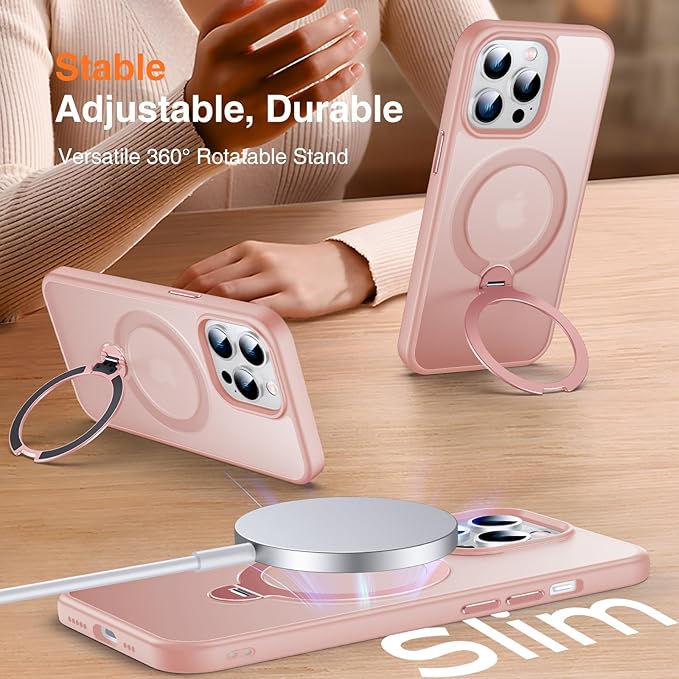 360° O-Ring MagStander for iPhone 13 Pro Case with Magnetic Kickstand Ring Holder [Compatible with MagSafe][360°Rotate Stand Ring][Military Shockproof] iPhone 13 Pro Phone Cover Matte Pink