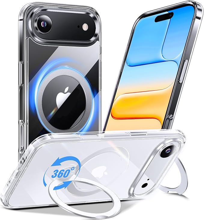 Anqrp 360° All-in-ONE Crystal Clear Case for iPhone 17 Air with Rotatable Magnetic Stand, Compatible with Mag-Safe, Anti-Yellowing Transparent MIL-Grade Shockproof Phone Case Cover for iPhone 17 Air