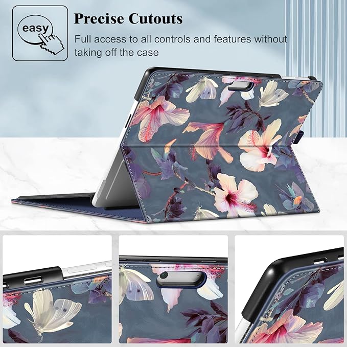 Fintie Case for 13 Inch Microsoft Surface Pro 11/10/9 - Multiple Angle Viewing Portfolio Business Cover with Pocket & Stylus Holder, Compatible with Type Cover Keyboard, Blooming Hibiscus