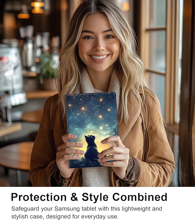 Case for Samsung Galaxy Tab A9+/A9 Plus 11” 2023 Model (SM-X210/X216/X218), Slim PU Leather Stand Cover with Auto Wake/Sleep, Multi-Angle Viewing & Shockproof, Black Cat Sky