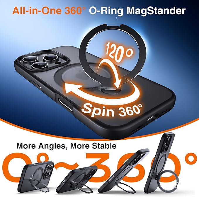360° O-Ring MagStander for iPhone 16 Pro Max Case with Magnetic Kickstand Ring Holder [Compatible with MagSafe][360°Rotate Stand][Military Shockproof] iPhone 16 Pro Max Phone Cover Black