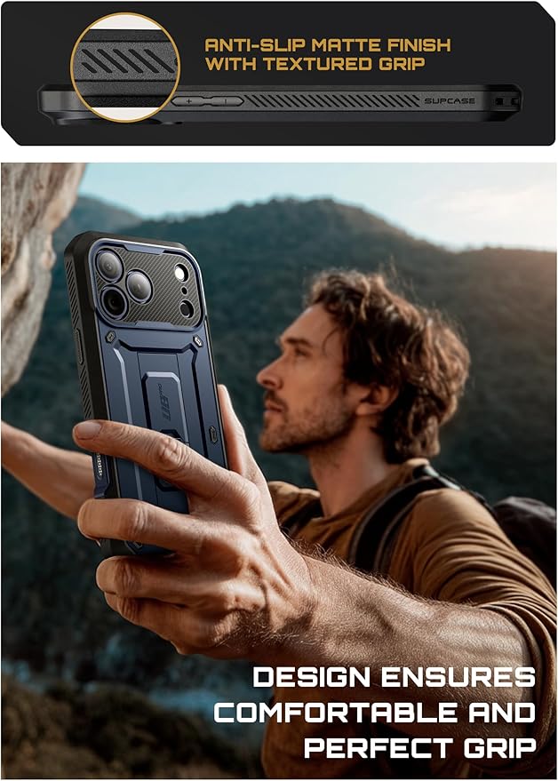 SUPCASE for iPhone 17 Pro Max Case with Camera Control Button (Unicorn Beetle Pro), [Built-in Kickstand & Screen Protector] [Military-Grade Protection] Full Body Heavy Duty Phone Case, Azure