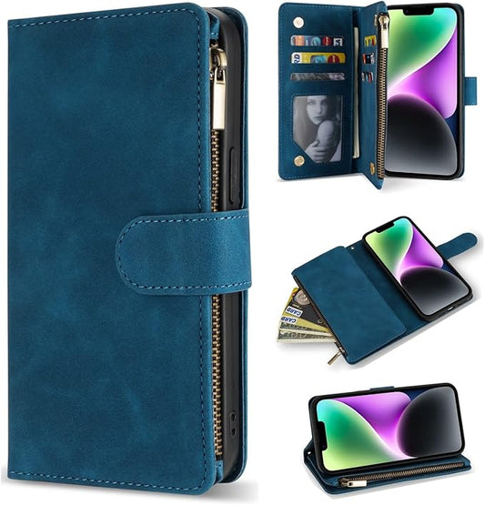 ZZXX for iPhone 14 Case Wallet with [RFID Blocking] Card Slot Premium Soft PU Leather Zipper Flip Folio with Wrist Strap Kickstand Protective Phone Cover for iPhone 14 Wallet Case(Blue-6.1 inch)