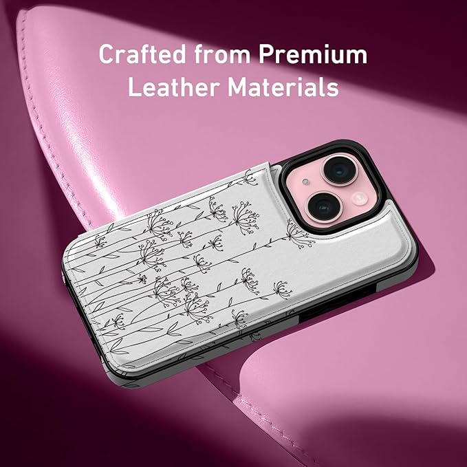 FUNMIKO for iPhone 13 Mini Wallet Case with Card Holder, RFID-Blocking, Military-Grade Protection & UV-Printed Artwork, Magnetic Closure with Leather Kickstand - Elegantly Sketched Flower