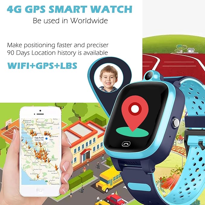 Kids 4G GPS smart watch for boy girl 3-15 years old Global Real-Time tracking watches Waterproof Cell Phone watch Child Video Chat Device SOS Alarm Camera Geo-Fence Pedometer Anti-Lost Tracker Locator