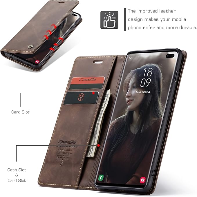 for Samsung Galaxy S10 Plus Case, Flip Wallet Leather Case with Card Holder Magnetic Closure Shockproof Kickstand Protective Phone Cases Cover for Samsung S10 Plus,Coffee
