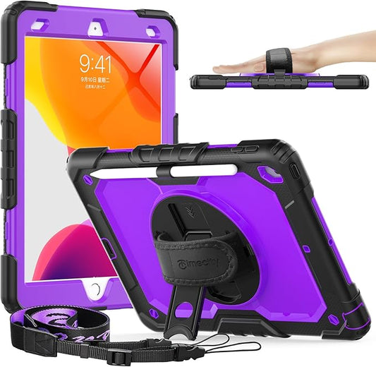 Timecity Case for iPad 9th/ 8th/ 7th Generation 10.2 inch - Heavy Duty Protective Cover with Screen Protector, Rotating Stand, Shoulder Strap & Pencil Holder | Kids-Friendly (Purple)
