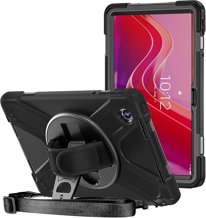 ProCase Protective Case for Lenovo Tab M11 / Lenovo Tab K11 LTE 2024, Rugged Heavy Duty Shockproof Rotating Kids Cover with 360° Rotate Kickstand & Shoulder Strap for Tab TB330FU TB330XU -Black