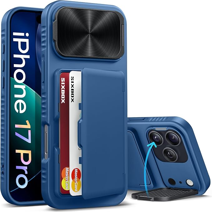 for iPhone 17 Pro Case with Card Holder, Built-in Stand & Camera Lens Cover, Shockproof Rugged Silicone Bumper Raised Edge Protective Wallet Phone Case for iPhone 17 Pro 6.3" 2025, Blue