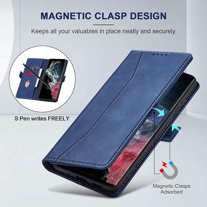 Jasonyu Flip Wallet Case for Samsung Galaxy S22 Ultra 5G,Leather Magnetic Folio Cover with Card Holder,Kickstand - TPU Shockproof Durable Protective Phone Case,Blue