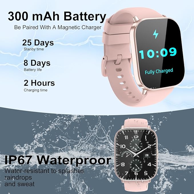 Smart Watch for Men and Women, 2.01-inch HD Touch Screen, 120+ Sports Modes/IP67 Waterproof/Heart Rate/Sleep Monitoring (Answer/Make Calls), for Android/iOS (Pink)