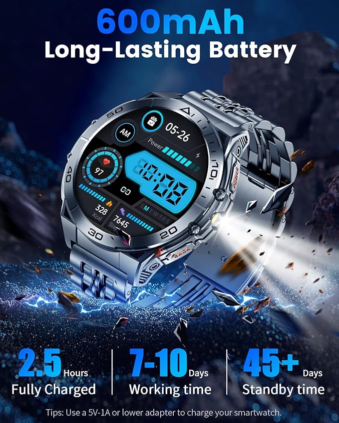 Military Smart Watch with LED Flashlight for Men, 1.6" AMOLED Bluetooth Call Watch, IP68 Waterproof Fitness Tracker with Heart Rate, SpO2, Sleep Monitor, Compatible with Android/iOS