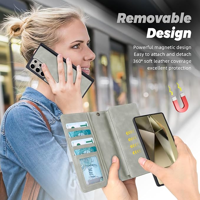 TwoHead for Samsung Galaxy S24 Ultra Wallet Case with Card Holder & Detachable Magnetic Phone Case for Galaxy S24 Ultra,PU Leather Shockproof Protective Phone Cover Wallet(6.8 in,Gray)
