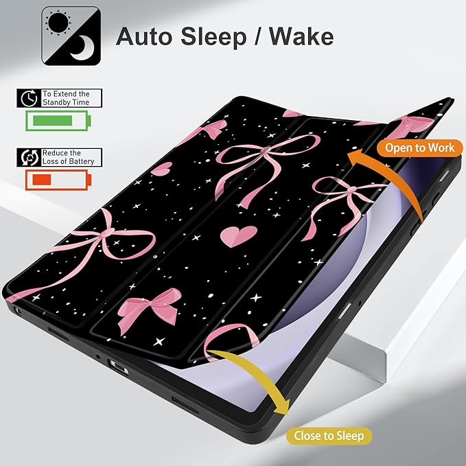 MEEgoodo Case for Samsung Galaxy Tab A9 Plus 11 inch Cover 2024 2023 with S Pen Holder, A9+ Smart Tablet Cases with Leather Trifold Stand+Soft TPU Back Shell+Smart Auto Wake/Sleep, Pink Ribbons Bows