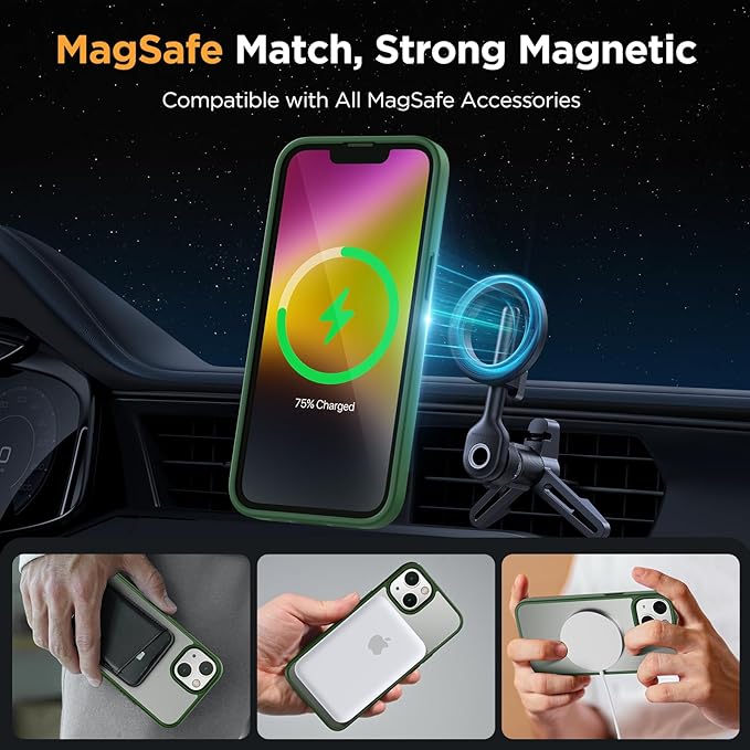 Miracase Magnetic for iPhone 14 Plus Case 6.7 inch (Compatible with MagSafe)（with 2X Screen Protectors） Military-Grade Protection, Anti-Fingerprint Translucent Matte Phone Case Cover, Dark Green