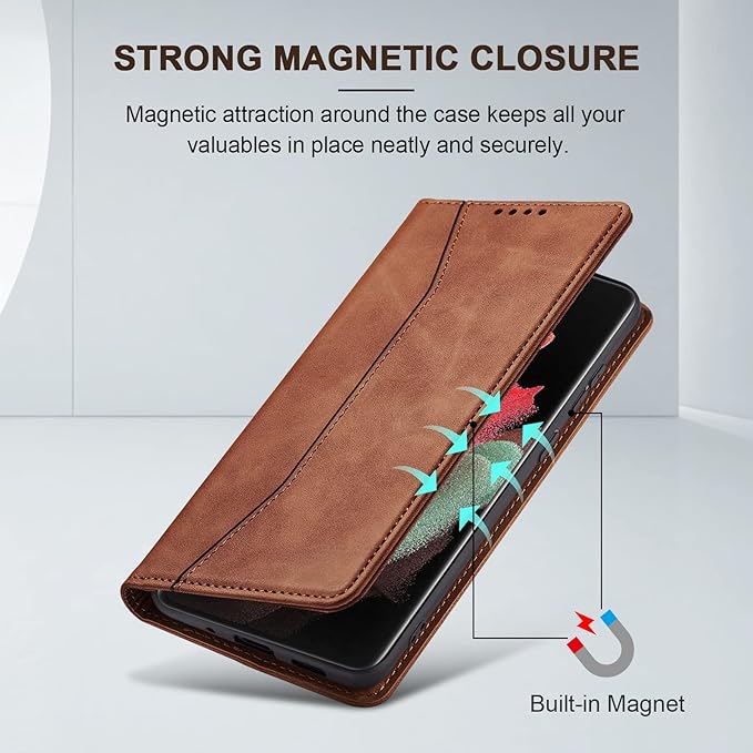 Jasonyu Flip Wallet Case for Samsung Galaxy S21 Ultra 5G,Leather Magnetic Folio Cover with Card Holder,Kickstand - TPU Shockproof Durable Protective Phone Case,Brown