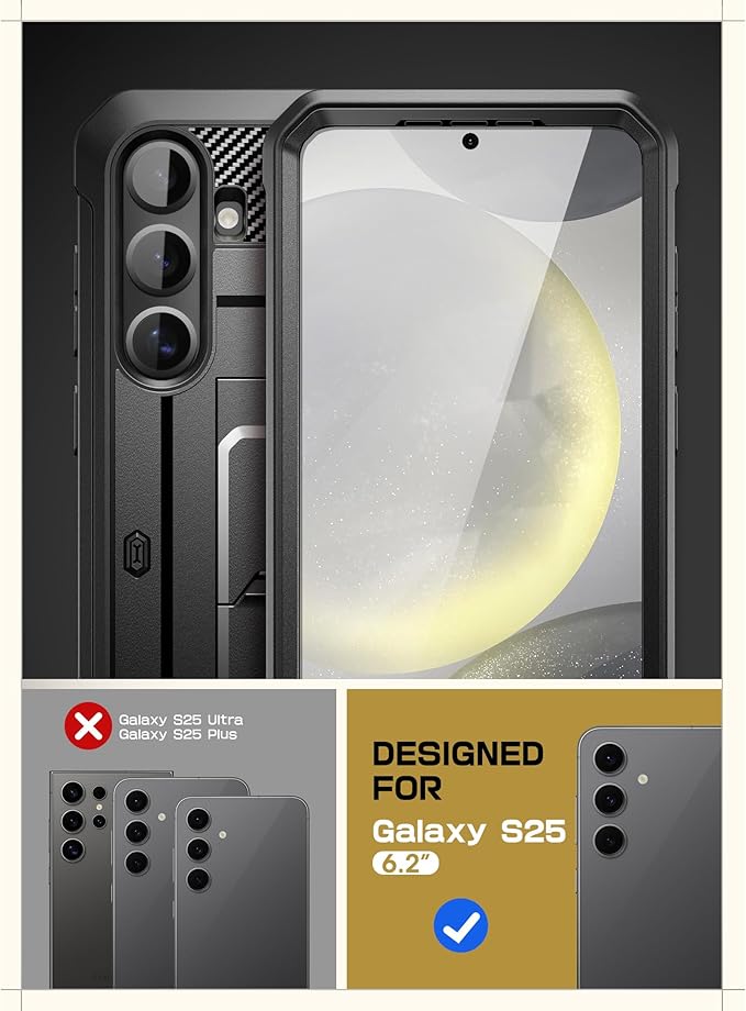 SUPCASE for Samsung Galaxy S25 Case with Stand (Unicorn Beetle Pro), [2 Front Frames] [Built-in Screen Protector & Belt-Clip] Military-Grade Protection Rugged Phone Case for Galaxy S25 6.2", Black