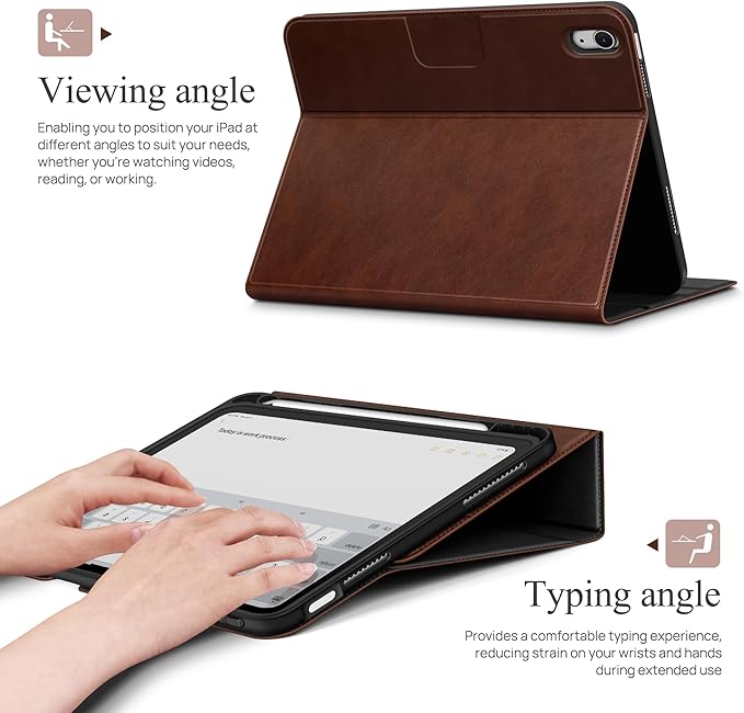auaua Case for iPad (A16) 11th Generation 11 Inch 2025, iPad 10th Generation 10.9 Inch 2022, with Pencil Holder and Pocket, Typing Angle Muti-Stand Magnetic Closure Auto Sleep/Wake (Brown)