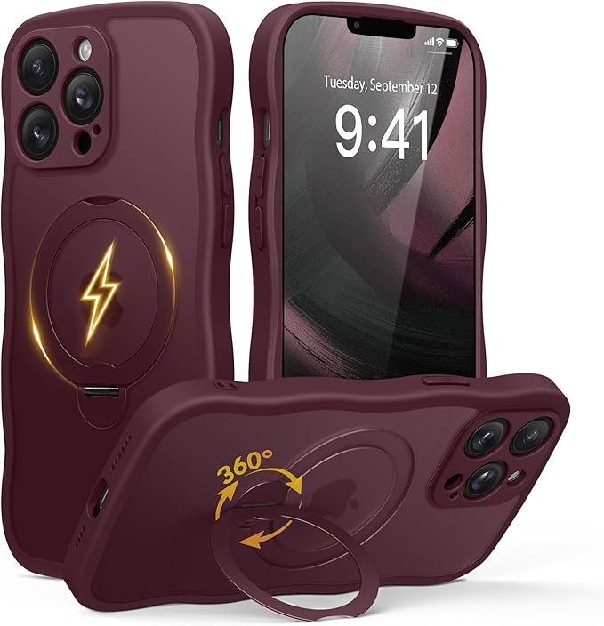 for iPhone 13 Pro Max Case for Women,[Compatible with Magsafe][360° Spin Magnetic Stand][Cute Wave Edge][Military-Grade Protection]Translucent Matte Phone Case for iPhone 13 ProMax, Wine Red