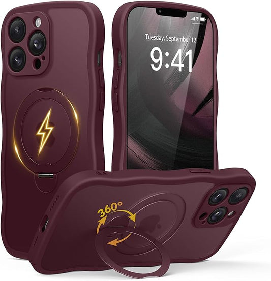 for iPhone 13 Pro Max Case for Women,[Compatible with Magsafe][360° Spin Magnetic Stand][Cute Wave Edge][Military-Grade Protection]Translucent Matte Phone Case for iPhone 13 ProMax, Wine Red