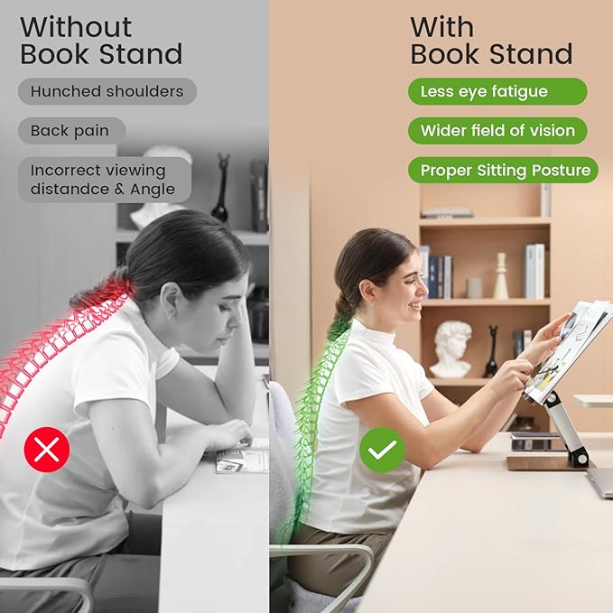 Upgraded Book Stand, Convenient Button Adjustable Book Holder Hands Free, 180° Flexible Lift, Expansion Bracket, Cookbook Stand with Elastic Page Clip, Display Stand for Recipes, Tablets and Laptops